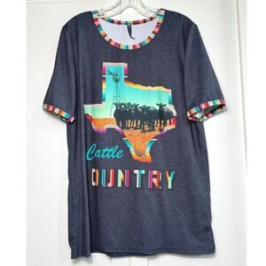 Crazy Train Womens Texas Cattle Country Graphic T-Shirt Charcoal Paisley Large